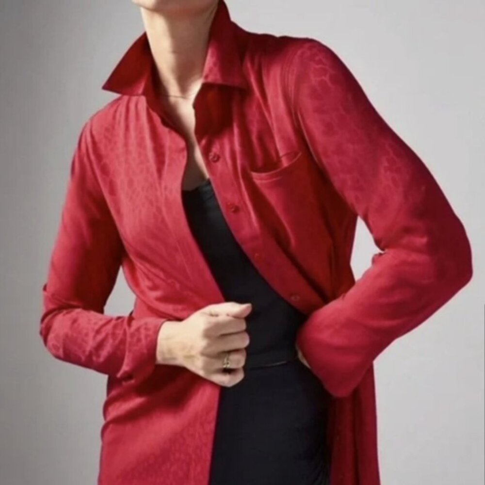 Red Satin Long Sleeve Button-Front Shirt